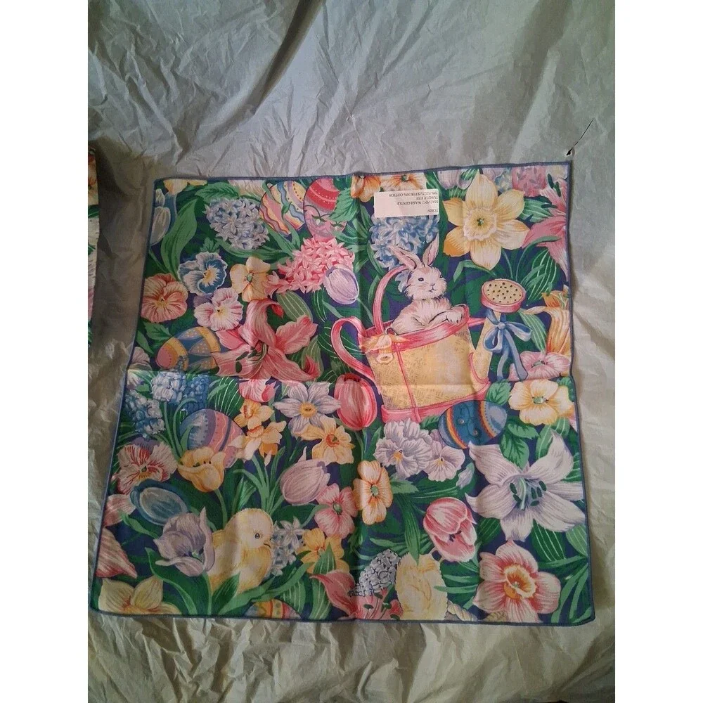 Vintage EASTER Bunny Fabric Napkins 17” Square Tulips Eggs Pastel Set of 3